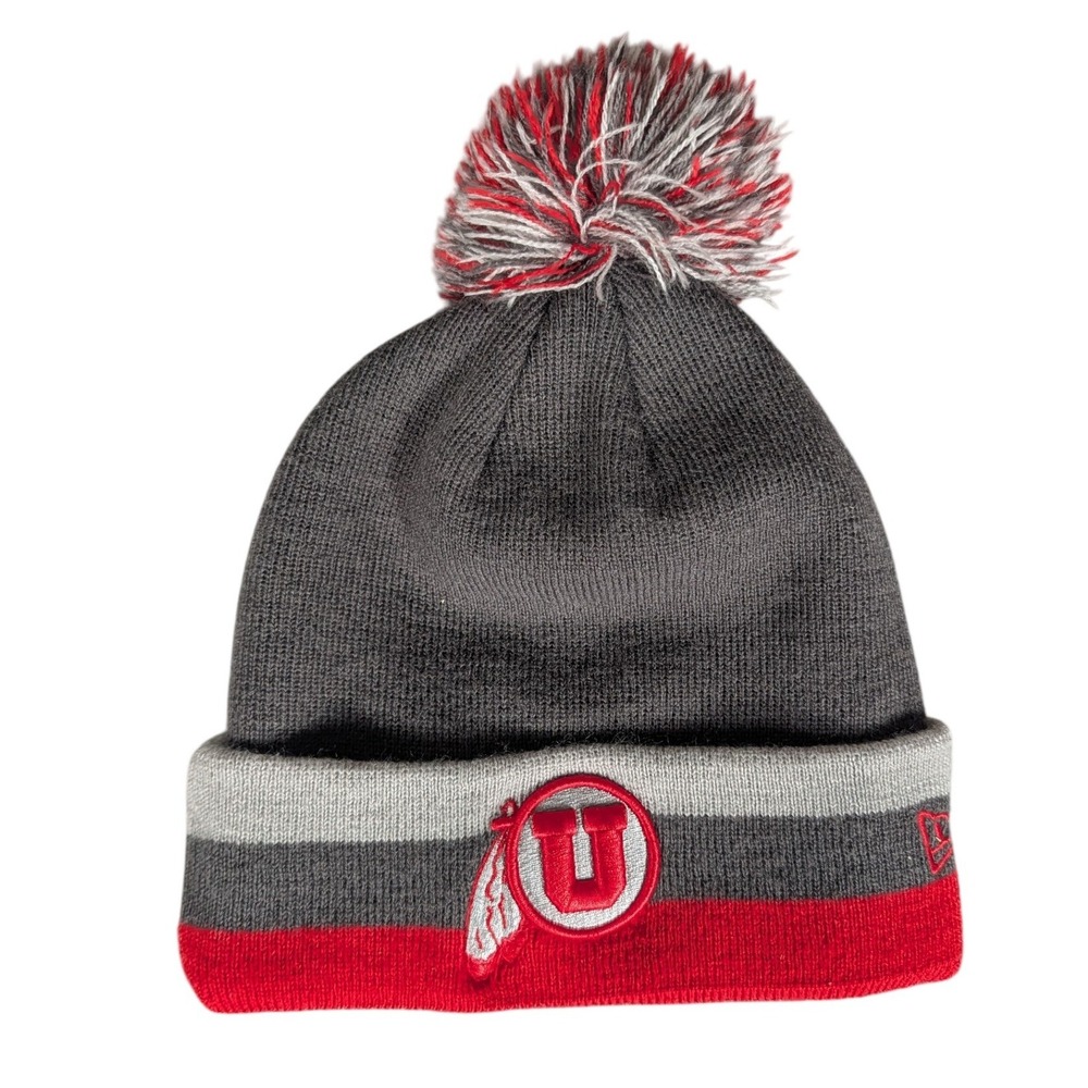 New Era Utah Utes NCAA Cuffed Knit Pom Beanie Hat Charcoal Red Silver Winged U